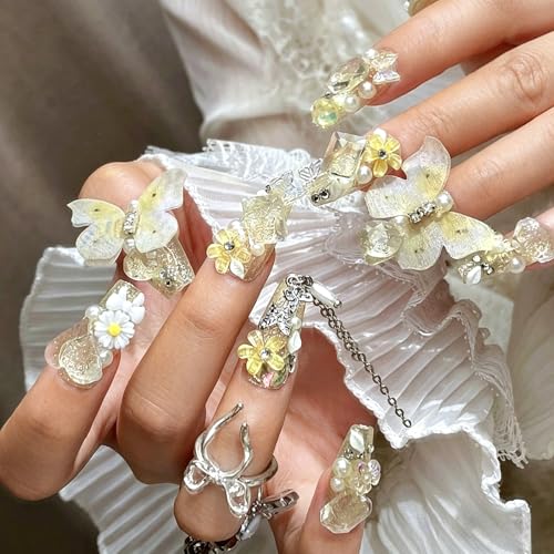 3D Press on Nails Almond - Long Square Fake Nails with Embossed Flower&Butterfly Designs, Glossy Finish Reusable False Nails for Women Manicure(3D Embossed design 22） - color: 3D Embossed design 22