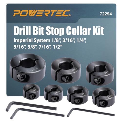 POWERTEC Drill Bit Stop Collar Set, 7 Piece Set Adjustable Drill Bit Depth Stopper with Allen Wrench, Bits Stop with Imperial System Size Markings - 1/8", 3/16", 1/4", 5/16", 3/8", 7/16", 1/2” (72294) - style: 7PC Imperial Drill Stop Set (1/8"-1/2")