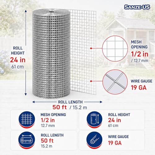 Sanzeus Hardware Cloth, 1/2 Inch 24in x 50ft 19 Gauge, Double-Layer Hot-Dip Galvanizing After Welding, Chicken Wire Fence Wire Mesh Poultry Netting Garden Fence Tree Guard Rolls - size: 1/2inch 24in×50ft