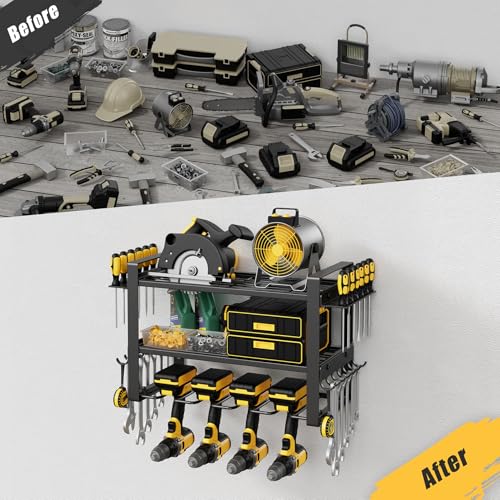 Power Tool Organizer Wall Mount, 150LBS Capacity, 3 Tier, 4 Drill Holders - size: 16.5" Width 3-Tier