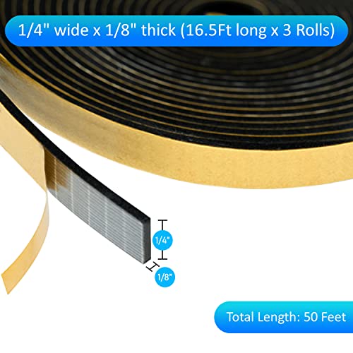 High Density Foam Weather Stripping Door Seal Strip Insulation Tape Roll for Insulating Door Frame, Window, Air Conditioner | Self Adhesive Sealing Weatherstrip (Black, 1/4 in 1/8 in 50 Ft) - color: Black, size: 1/4 In x 1/8 In x 50 Ft