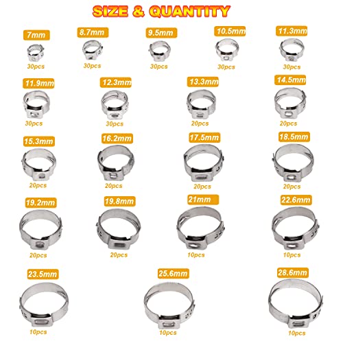 AKIHISA 420Pcs 20 sizes Single Ear Hose Clamps, 7-28.6mm 304 Stainless Steel Pex Crimp Rings Kit, Crimp Hose Clamp Assortment Set for Securing Pipe Hoses and Automotive Use - size: 420Pcs (7.0-28.6mm)