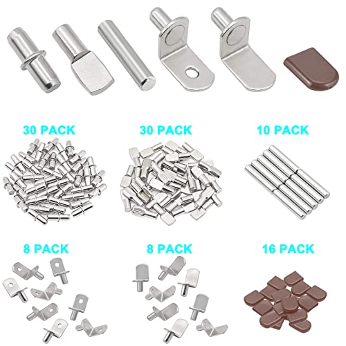 102Pcs Shelf Pins Pegs Kit,6 Styles Nickel Plated Shelf Support Pegs,Bookshelf Pegs for Shelves,L-Shaped Clips with Rubber Sleeve,Shelf Pins Holders for Furniture Glass Corner & Closet(5mm & 1/4inch) - style: 6 Style-Silver-102 Pcs