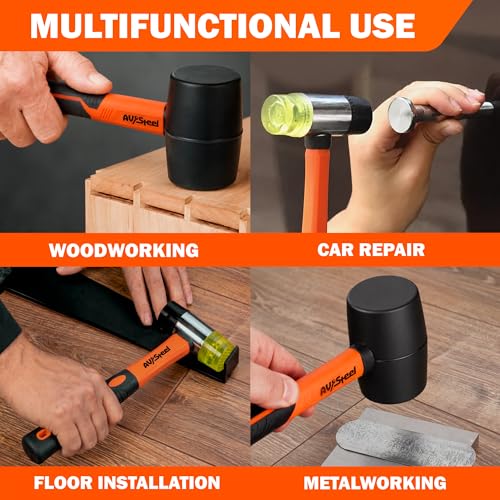 AV Steel 2-Pack Rubber Mallet Hammer Set, 16oz Rubber Hammer & 33mm Double-Faced Soft Mallet with Replaceable Heads and Glove, Fiberglass Handle, Damage-Free for Flooring, Tile, Woodworking