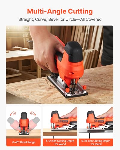 VEVOR 20V Cordless Jig Saw, 7/8" Brushless Jigsaw Tool for Makita 18V Battery, 3500 SPM & 6 Variable Speed, Battery & Charger, LED Light, 0-45° Bevel Cuts, 6 Blades, 4 Orbital Settings, Wood & Metal - size: 7/8 in-20V