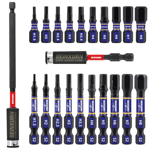 GEINXURN 22 Pieces 1 in./2In Multi Hex Head Impact Tough Magnetic Allen Wrench Drill Bits Set, Metric Power Bits Set, S2 Steel Hex Screwdriver Bit Set with 3”6”Extension Bit Holder - size: M-22