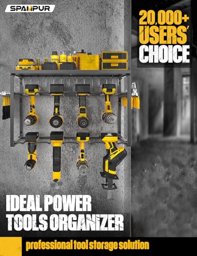 Spampur Power Tool Organizer, 8 Drill Holders Wall Mount, 3 Layer Heavy Duty Metal Storage for Garage Organization, Tools Storage with Hooks, Screwdriver Hammer Holder, Father's Day Mens Birthday Gift | Garage Organization, Tools Storage with Hooks, Screw