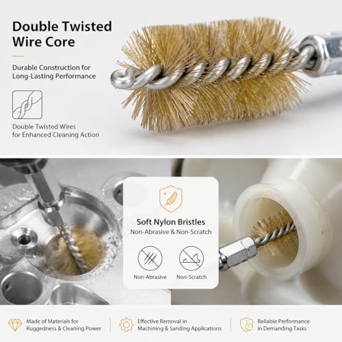 Walfront 6PCS Nylon Bore Brush Cleaning Brush Set 1/4" Hex Shank for Drill Twisted Wire Cup Brush for Cleaning Holes Tubes Non-Scratch Cleaning for Automotive Welding (Yellow Copper) - size: Brass Wire (Yellow)