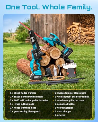 SEESII 3 in 1 Cordless Mini Chainsaw & Hedge Trimmer, Grass Shear Combo - color: Sapphire Blue