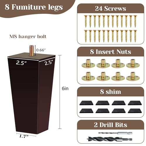 Sofa Legs Square Bed Feet 6 inch Wood Replacement Leg for Furniture Set of 8, Dark Brown - color: 8sets, size: 6inch