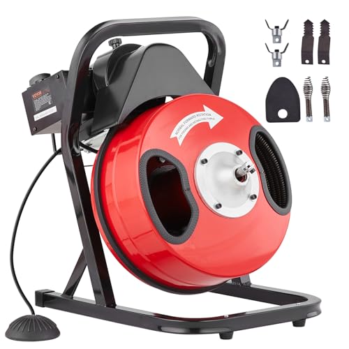 VEVOR Drain Cleaner Machine 50FT x 1/2 Inch, Manual Feed Sewer Snake Auger - with 4 Cutters & Air-activated Foot Switch for 2" to 4" Pipes - style: 50 FT x 1/2''