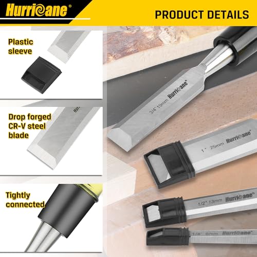 HURRICANE 4 Piece Wood Chisel Set for Woodworking. CR-V Steel Beveled Edge Blades with Safety Caps. Durable PVC High Impact Handle, for Precision Carving & DIY Projects (1/4", 1/2", 3/4", 1") - size: Regular Size Grip
