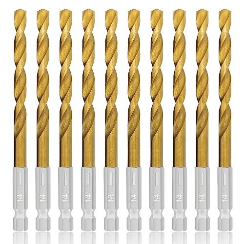 GMTOOLS 10 Pcs 1/4" Titanium Coated Twist Hex Shank Drill Bit Set, 135 Degree Tip HSS Impact Drill Bit Set with Storage Case for Metal, Aluminum, Steel, Wood, Plastic, Quick Change Design - style: 1/4"-10PCS