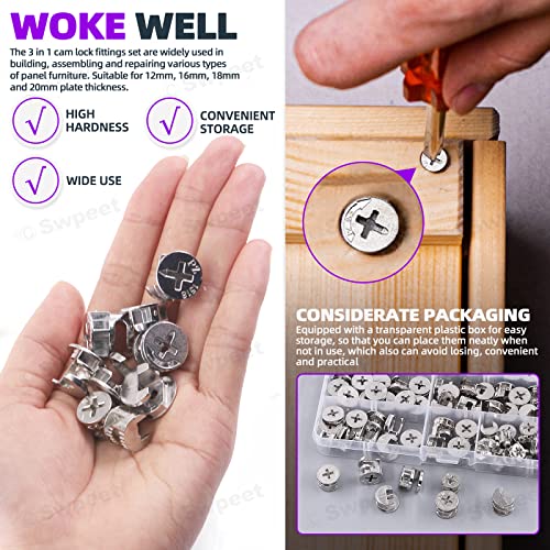 Swpeet 100Pcs 4 Sizes 3 in 1 Furniture Connecting Cam Lock Fittings Assortment Kit, Fastener Cabinet Connectors Hardware Bolts Furniture Connecting Lock Nut for Closets Bed Furniture Connecting