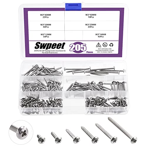 Swpeet 205Pcs #6 x 1/2" to 1-3/5" 304 Stainless Steel Phillips Truss Head Self Tapping Screws Phillips Cross Drive Wood Screws Sheet Metal Screws Assortment Kit for Sheet Metal, Wood, PVC Plastic - size: M3