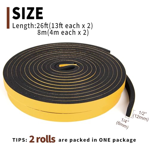 Yotache Weather Stripping Door Seal Strip 1/2 x 1/4 inch, 26Ft - size: 1/2"x1/4"x26 FT