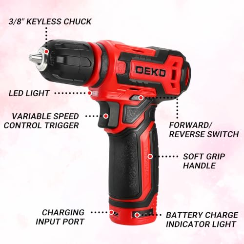 Cordless Drill：DEKOPRO 12V Power Drill Set 800RPM Electric Drills Small Drills with 3/8-inch Keyless Chuck and Portable Tool Set Gift Box (Red) - color: Red