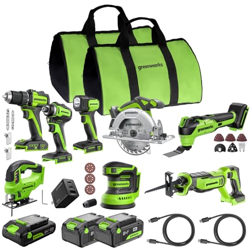 GREENWORKS 24V (8-TOOL) Combo (Drill, Impact Driver, Circular Saw, Reciprocating Saw, Jigsaw, Multi-Tool, Sander, Flashlight), 4.0Ah + (2) 2.0Ah (Power Bank) Batteries, (2) Cables, 65W Rapid Charger - size: 8PCS Combo Kits