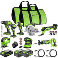 GREENWORKS 24V (8-TOOL) Combo (Drill, Impact Driver, Circular Saw, Reciprocating Saw, Jigsaw, Multi-Tool, Sander, Flashlight), 4.0Ah + (2) 2.0Ah (Power Bank) Batteries, (2) Cables, 65W Rapid Charger - size: 8PCS Combo Kits