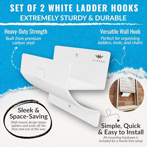 Ladder Hangers for Garage Wall - White Set of 2 Wall Mount Step Ladder Hook - color: White, size: Pack of 2 Hooks