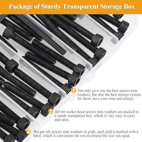 62-Piece M6 Hex Socket Head Cap Screws Nuts Washers Set - 30/35/40/45/50mm Long Black Assortment Kit - 12.9 Grade Alloy Steel, Fully Threaded - size: M6 Long Screws Kit, style: Socket Head