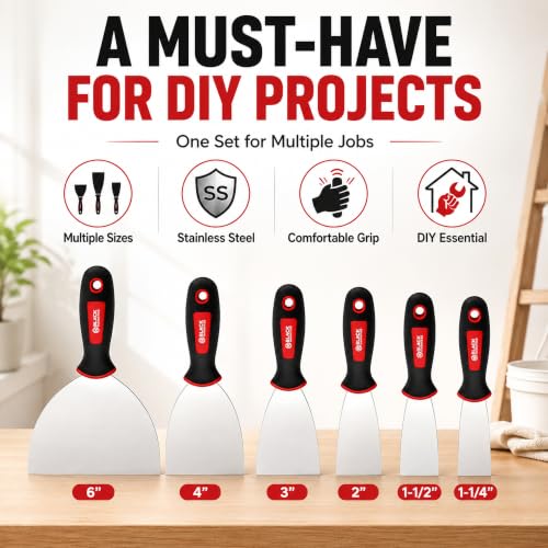 Black Canyon 6-Piece Flexible Putty Knife Set, Stainless Steel Drywall Spackle Knife Set for Patching, Skim Coating & Finishing, Professional Spreading Tools 1.25"–6" Wide Blades