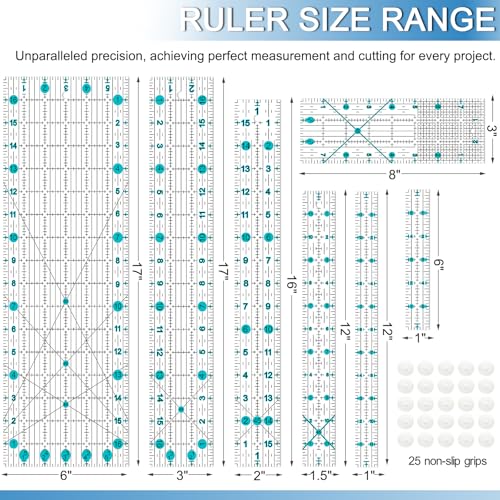 Quilting Ruler, Sewing Ruler, 8 Pack, Acrylic Quilting Templates(6"x17", 3"x17", 2"x16", 1.5"x12", 1"x12", 1"x6", 8"x3"), Non Slip Rings 25 Pieces, Sewing and Quilting Supplies - Clear/Blue - color: blue