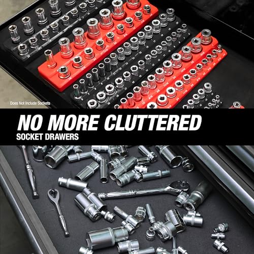 OEMTOOLS 22460 6-Pc Metric & SAE Magnetic Socket Tray Set Holds 143 Sockets | Magnetic Socket Organizer Tray, Non-Marring Rubberized Base, Clearly Marked Sizes, 1/4, 3/8, 1/2 Inch Sockets - style: 6Pc Red & Black