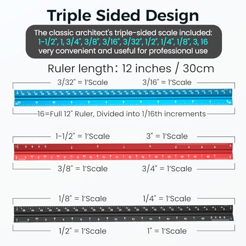 Rena Chris 2PCS Architectural Scale Ruler: 12" Imperial Aluminum Alloy Metal Architecture Measuring Tools, Engineering Drafting Construction Drawing Blueprints Triangular Architect Scaling Rulers - color: Red+Blue