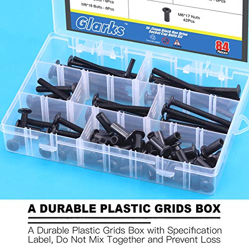 Glarks 85Pcs M6x16/ 25/35/ 45/55/ 65/ 75mm Black Hex Drive Socket Cap Bolts Kit, Allen Head Countsunk Furniture Crib Bolts Nuts Screws for Chair Table Cabinets - size: M6x16/25/35/45/55/65/75mm
