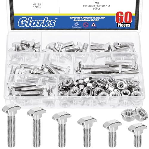 Glarks 120pcs M8 T Slot Drop-in Bolt with Hexagon Flange Nut Set, 16/20/25/30/35/40MM Hammer Head T-Bolt, T Shape Stud Sliding Screw Assortment Kit - size: M8