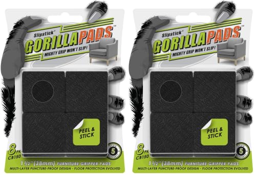 Slipstick GorillaPads CB150 Non Slip Furniture Pads/Rubber Grips (Set of 8) Self Adhesive Furniture Feet Floor Protectors, 1-1/2 inch Square, Black (Pack of 2) - size: 1-1/2" Square (Pack of 2)