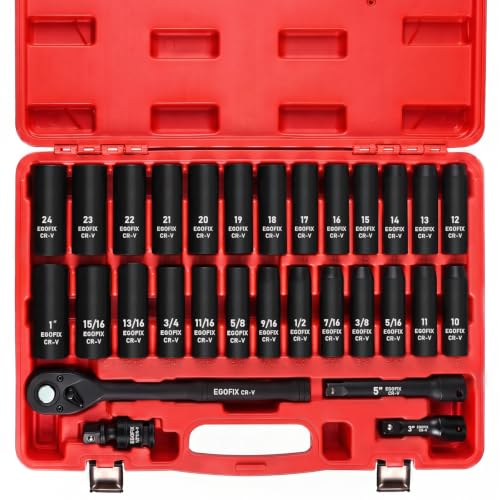 1/2" Impact Socket Set 30 Piece, SAE (5/16 to 1inch) and Metric (10-24mm) 6 Point, with Ratchet Wrench, Extension Bars, Impact Universal Joint, Storage Box, for Auto Repairing and Household - color: 1/2-30pcs