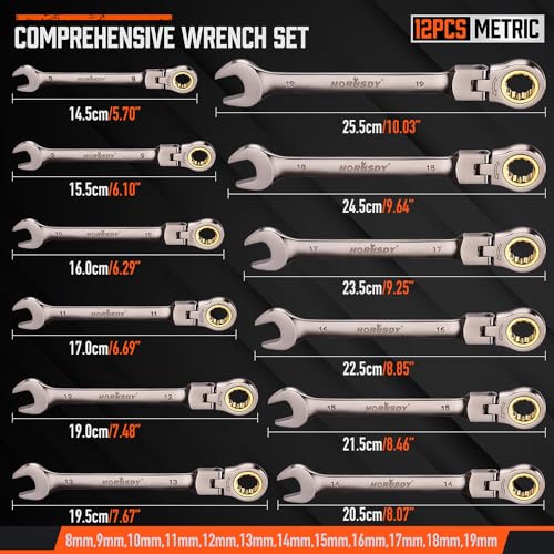 HORUSDY 12-Piece Metric Flex-Head Ratcheting Wrench Set with Organizer | 8-19 mm Ratchet Combination Wrenches Set | 72-Teeth | Chrome Vanadium Steel - style: 12-Piece Metric Flex-Head Ratcheting - Pro