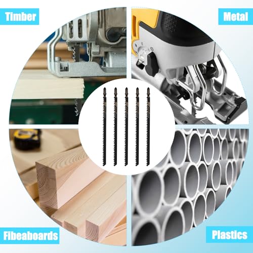 T-Shank Jigsaw Blades for Wood Contractor Assorted 7Inch Jig Saw Blades Set 5Pcs T744D T Shank Jig Saw Blades for Quick Cutting Wood, Hardwood, Plywood, Plastic, Metal, Black