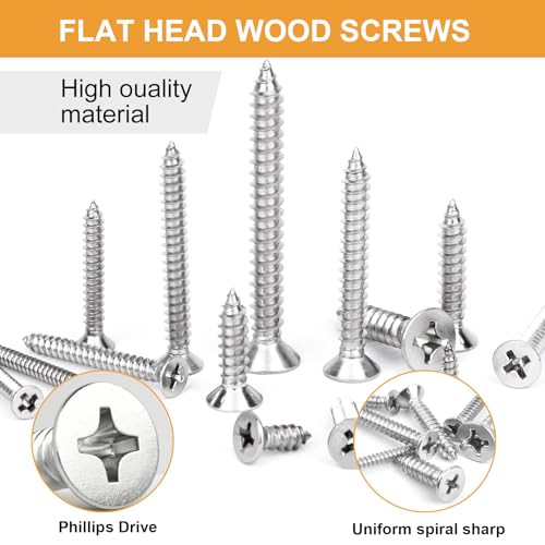 VIGRUE 560Pcs Stainless Steel Wood Screws Set #4#6#8#10#12 Phillips Countersunk Sheet Metal Screws Self Tapping Assortment Kit, Length 1/4" to 2" - style: 560pcs Flat head #4 #6 #8 #10 #12