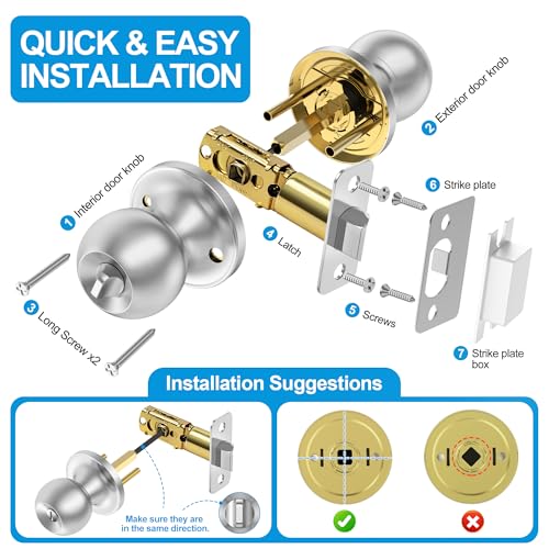 Plustool 10 Pack Privacy Door Knobs Interior, Satin Nickel Doorknob with Lock -ANSI Grade-3 Certified,Keyless Door Locks for Bedroom,Bathroom, Modern Heavy Duty Handle with Round Ball, Easy to Install
