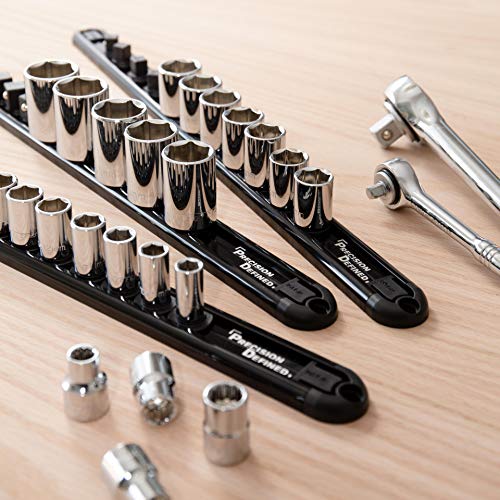 Precision Defined Aluminum Tool Socket Holder 3-Piece Set | Black, 1/4-Inch x 16, 3/8-Inch x 16, 1/2-Inch x 14 Clips | 360 Rotation - Heavy Duty Socket Rails Organizer - color: Black