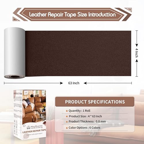 KING MOUNTAIN Leather Repair Patch,4 x 63 Inches self Adhesive Leather Repair Tape for Damaged Leather Furniture, Sofa Seating,Car Seats, Leather Goods（Coffee Brown） - color: Coffee Brown, size: 4" x 63"