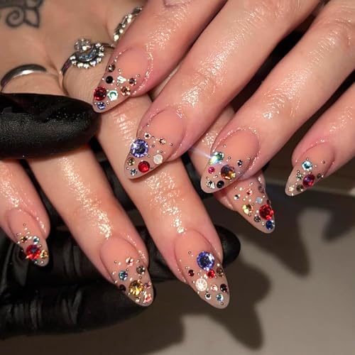 Mivota Press On Nails Almond Medium with Rhinestones, Nude Acrylic Fake Nails 24PCS, Glossy Crystal Stick On Nails, Reusable Glue On Nails Kit with Tools, Sparkly Luxury Party Nails for Women - color: 3D-75-Nude