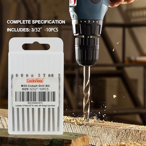 Luckyway 3/32" Cobalt Drill Bit (10 Pcs), Jobber Length Twist Drill Bit Set for Hard Metal, Stainless Steel, Cast Iron, Wood and Plastic, with Storage Case - style: 3/32" (10Pcs) Cobalt Drill Bits
