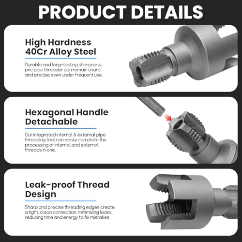 PVC Pipe Threader Kit, 1/2" and 3/4" Internal External Threading Tool with Seal Tape, Electric Drill Compatible for Plastic Pipe Plumbing Repair and Maintenance