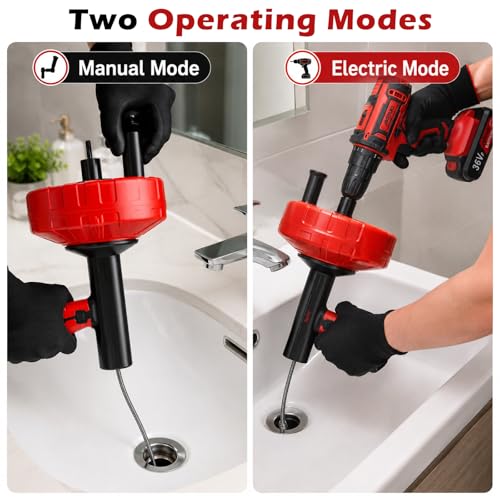 46 FT Drain Snake 11-in-1 Double Mode Drain Auger Tools | Drain Unblocking, Plumbing Snake for Kitchen, Bathrom and Shower Sink, Drain Clog Remover for Real DYIs 2026 Upgraded - color: Red&Black-46FT-YY