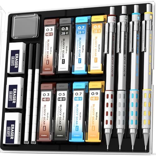 Nicpro 4 Pack Blocky Gear 0.3/0.5/0.7/0.9 mm Metal Mechanical Pencils Set - style: 0.3 0.5 0.7 0.9mm