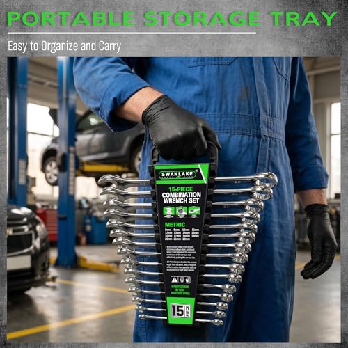 SWANLAKE 15-Piece Metric Combination Wrench Set, 12-Point Max Torque Open End Wrench Set, Cr-V Steel Wrenches 8, 9, 10, 11, 12, 13, 14, 15, 16, 17, 18, 19, 20, 21, 22mm with Storage Rack - style: 15pcs Metric Combination