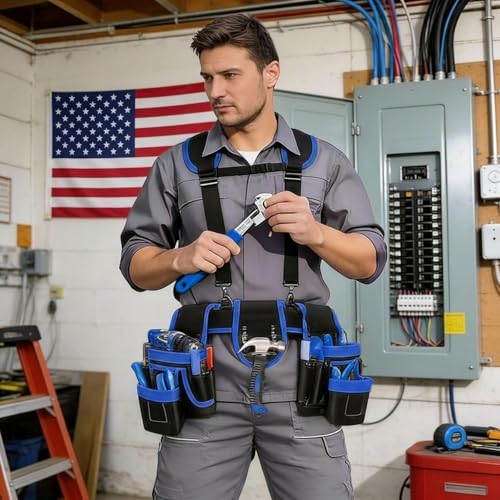 Magnetic Tool Belt, Heavy Duty Tool Pouch for men Magnet Holster Nail Utility Toolbelt Adjustable Waist Holder for Handyman Contractor (26 pockets with suspenders) (Blue) - color: Blue