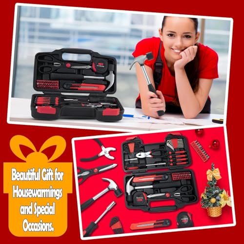 MARTCOLOR 58-Piece Household Tool Set, Red Hand Kit with Storage Case - color: Red