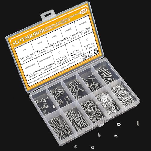 565 Pieces M2 Machine Screws Nuts Washers Set, Sutemribor M2 x 4/6/8/10/12/16/20mm Phillips Countersunk Head Machine Screws Nuts Washers Assortment Kit, 304 Stainless Steel, Fully Threaded - size: M2, style: Phillips Countersunk Head