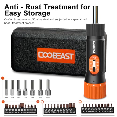 coobeast 38Pcs Preset 1/4” Drive Torque Screwdriver with S2 Bits | Torque Wrench Screwdriver Set,for Maintenance,Tools,Bike Repairing,Mounting,Inch Pound Torque Range 10-70 In-lb - size: 38PCS