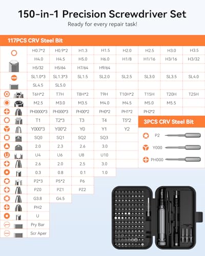 Precision Screwdriver Set, SOONAN 150 in 1 Electronics Tool Kit with 120 Bits Magnetic Screwdriver Set & 30-bit Magnetic Set Handy Repair Tool for Computer Phone Watch Camera Laptop, Black - size: 150-IN-Black
